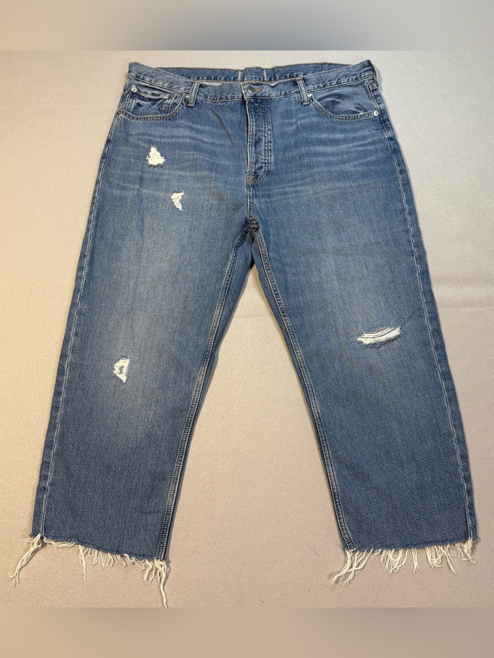 Everlane Distressed Cropped Wide Leg Jeans Raw Hem Button Fly Blue Denim 40x?